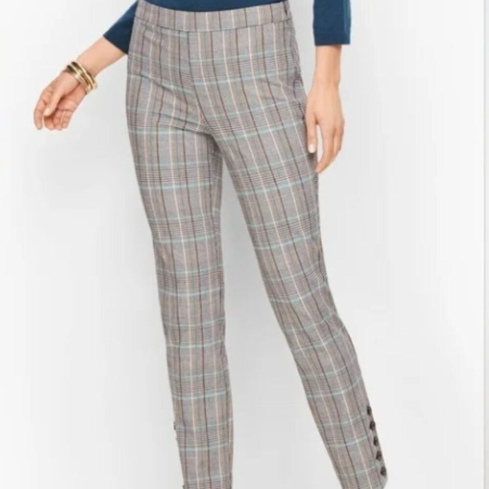 Talbots Size 6 Chatham Ankle Pants Black White Camel Teal Plaid Bi-Stretch